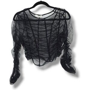 June & Hudson Mesh Top Ruched Long Sleeve Polka Dot Blouse Black Size‎ 1